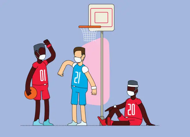 Vector illustration of Friends bumping elbows before playing basketball. People wearing mandatory mask.