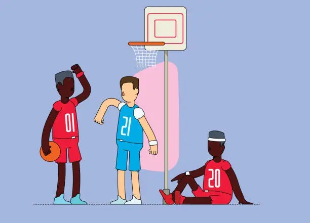 Vector illustration of Friends bumping elbows before playing basketball.
