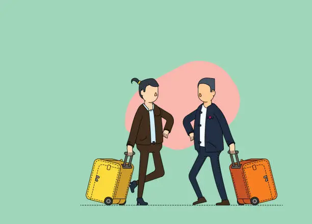 Vector illustration of Business colleagues meeting at the airport and elbow bumping.