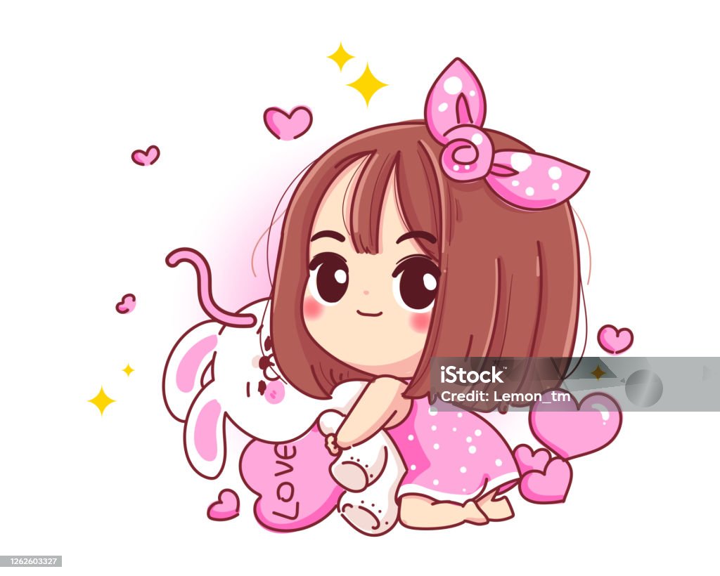 Nhân Vật Cô Gái Dễ Thương Ôm Búp Bê Thỏ Trắng Với Ngày Valentine ...