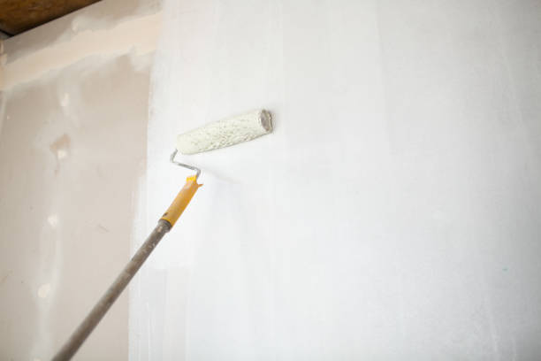 istock White paint roller in hand with drywall wall 1262605324