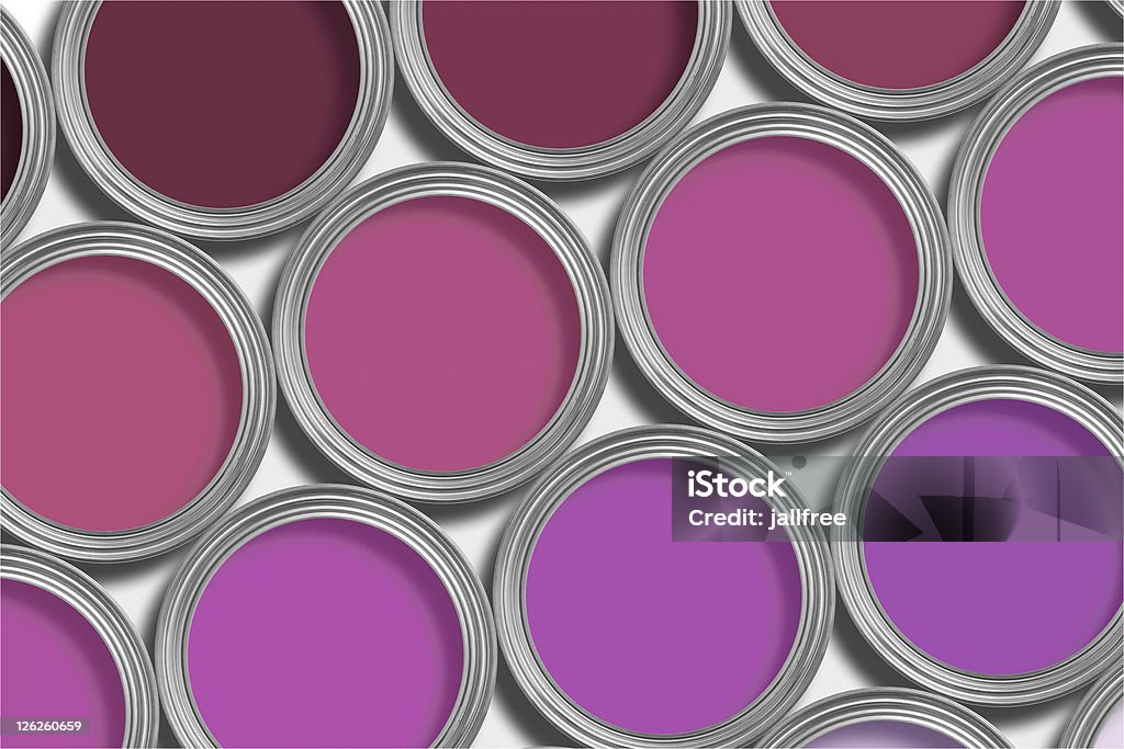 Rows of open purple paint tins on white background  Above Stock Photo