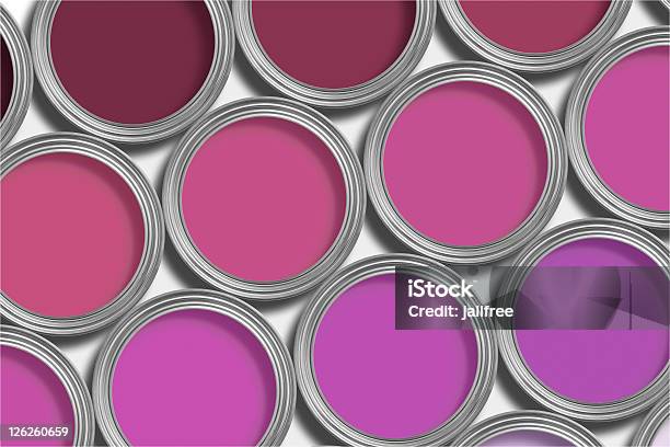 Rows Of Open Purple Paint Tins On White Background Stock Photo - Download Image Now - Above, Aerial View, Art