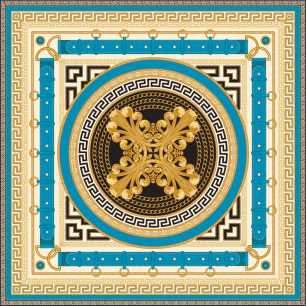 Fashionable Golden chains, Greek meander waves, blue belts and straps, jewelry accessories, cables on beige, black a on turquoise background. Baroque silk shawl textile print, Batik ornament, meander bandana border Fashionable Golden chains, Greek meander waves, blue belts and straps, jewelry accessories, cables on beige, black a on turquoise background. Baroque silk shawl textile print, Batik ornament, meander bandana border silk scarf stock illustrations