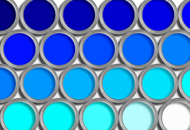 istock Rows of open blue paint tine on white background 126260698