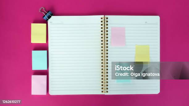 Open Blank Journal On Pink Background Concept For Creative Person Planning Back To School Top View Flat Lay Mockup Stock Photo - Download Image Now