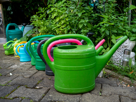 colorful watering can in garden