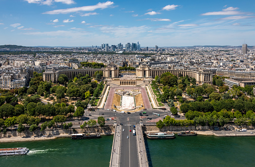 Champ de Mars park and Montparnasse tower seen from the second floor of the Eiffel Tower in Paris, France