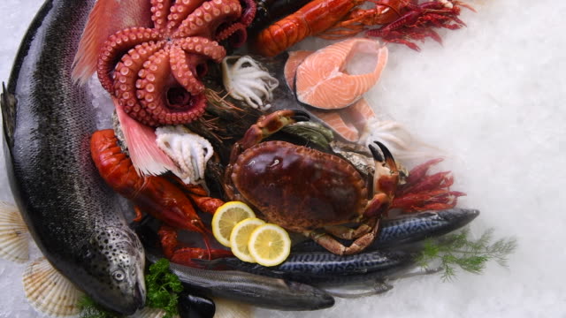 Top view of variety of fresh fish and seafood on ice with dry ice smoke.
