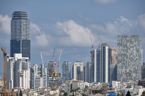 Cluster of buildings and cranes in in the Tel Aviv and Ramat Gan area in the diamond district.