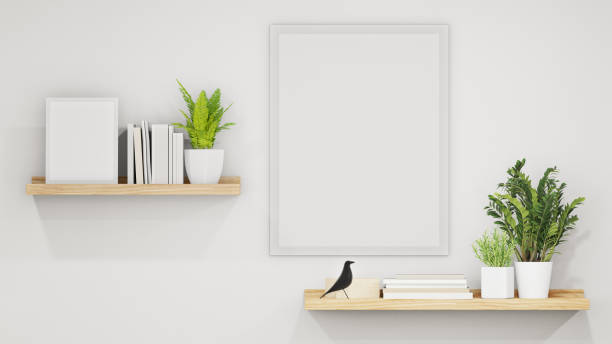 Plant in flower pot near empty picture frame. 3d rendering of white home interior with wooden shelves on wall. shelf stock pictures, royalty-free photos & images