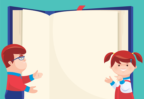 vector illustration of little boy and girl presenting with book