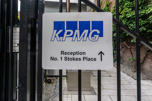 A sign for the Dublin, Ireland office of KPMG, the  multinational professional services network, and one of the Big Four accounting organizations.