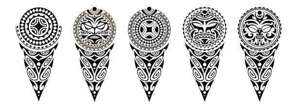 Set of tattoo sketch maori style for leg or shoulder Set of tattoo sketch maori style for leg or shoulder with sun symbols face and swastika. polynesian leg tattoos stock illustrations