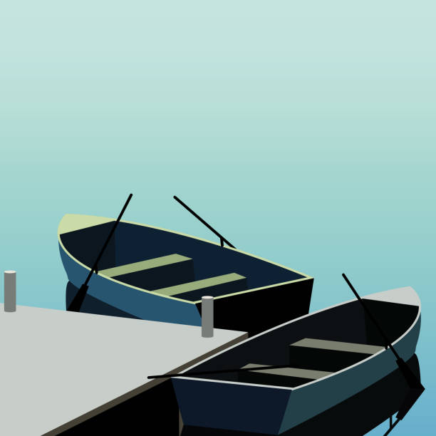 zwei boote in der nähe von steg geparkt - rowboat river lake nautical vessel stock-grafiken, -clipart, -cartoons und -symbole