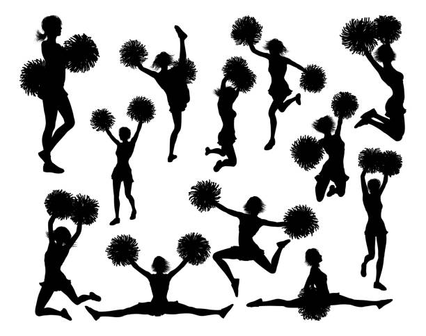 ilustrações de stock, clip art, desenhos animados e ícones de cheerleaders with pom poms silhouettes - youth league
