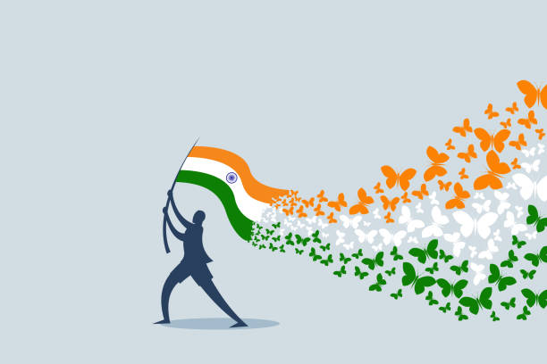 Butterflies flying from the Indian tricolour flag hoisted by a person. An Indian Independence Day concept Butterflies flying from the Indian tricolour flag hoisted by a person. An Indian Independence Day concept republic day stock illustrations