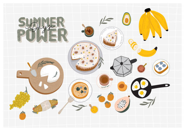 illustrations, cliparts, dessins animés et icônes de pique-nique d’été : fruits, baies, gâteau, hot-dog, sandwich, barbecue, café, crème glacée, tarte. - oeuf poché