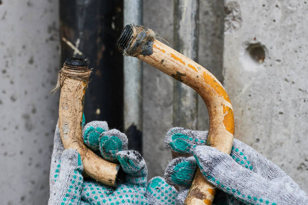 due pezzi di un vecchio tubo idraulico piegato arrugginito che è diventato inutilizzabile a causa della corrosione, un idraulico nei guanti da lavoro mostra il tempo nel processo - water pipe rusty dirty equipment foto e immagini stock