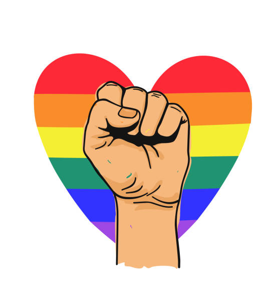 illustrazioni stock, clip art, cartoni animati e icone di tendenza di illustrazione vettoriale del pugno della mano con cuore arcobaleno lgbtq+. concetto di orgoglio, libertà, uguaglianza, diritti, lesbiche, gay, bisessuali, amore transgender e omosessualità. stampa t-shirt, emblema o logo - 2786