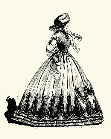 Vintage illustration of Young woman in crinoline hoop skirt, mid 19th Century, Fashions of Paris