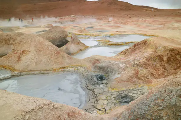Boiling Mud Lakes in Sol de Manana or the Morning Sun Geothermal Field, Potosi Department of Bolivia, South America