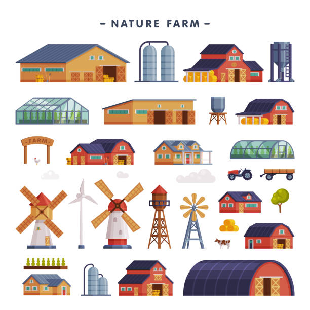 ilustrações, clipart, desenhos animados e ícones de conjunto de edifícios rurais, celeiro, casa do campo, moinho de vento, estufa, turbina eólica, agricultura e ilustração de vetor de desenho animado conceito agrícola - quinta orgânica