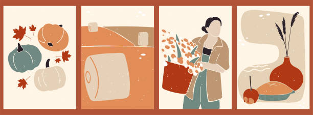 抽象的な収穫ポスターコレクション。 - single flower flower autumn pumpkin点のイラスト素材／クリップアート素材／マンガ素材／アイコン素材