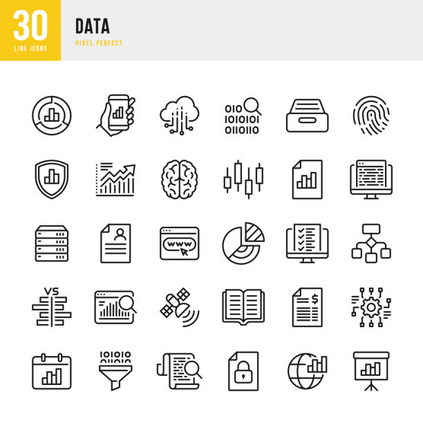 data - zestaw ikon wektorowych cienkich linii. piksel idealny. zestaw zawiera ikony: big data, dane biometryczne, analiza, diagram, dane osobowe, cloud computing, archiwum, dane giełdowe. - data center the media finance stock illustrations