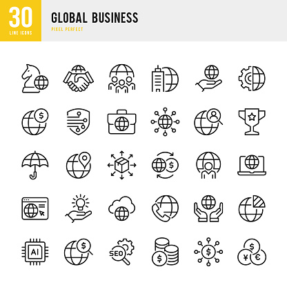 Global Business - thin line vector icon set. 30 linear icon. Pixel perfect. The set contains icons: Global Business, Partnership, Corporate Business, Headquarters, Business Strategy, Logistic, Funding, Worldwide Payments, Cooperation.