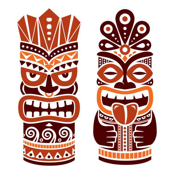 Tiki pole totem vector design in brown - traditional statue decor set from Polynesia and Hawaii, tribal folk art background Native Polynesian and Hawaiian two tiki illustration, gods faces with crowns traditionally carved in wood tiki mask stock illustrations