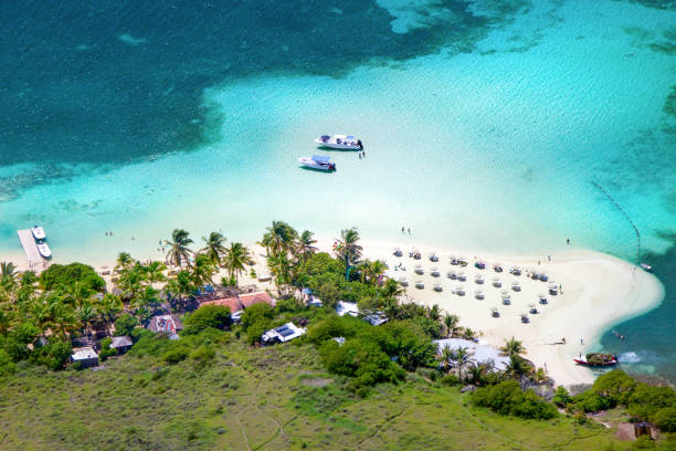aerial shot of Pinel Island, French St.Martin, FWI aerial shot of Pinel Island off the coast of French St.Martin, French West Indies saint martin caribbean stock pictures, royalty-free photos & images