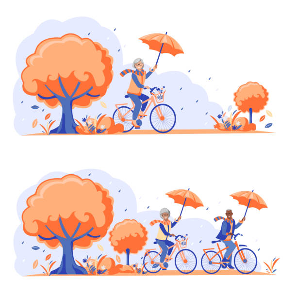 ilustrações de stock, clip art, desenhos animados e ícones de happy elderly people ride bicycles in the autumn in the park - umbrella senior adult couple autumn