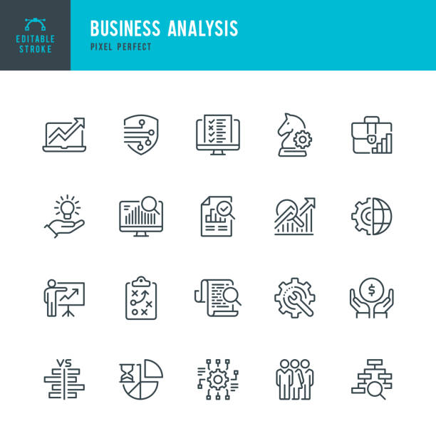 illustrations, cliparts, dessins animés et icônes de analyse d’entreprise - jeu d’icônes vectorielles de ligne mince. pixel parfait. trait modifiable. l’ensemble contient des icônes : stratégie d’entreprise, big data, solution, mallette, recherche, exploration de données, comptabilité. - financial issues