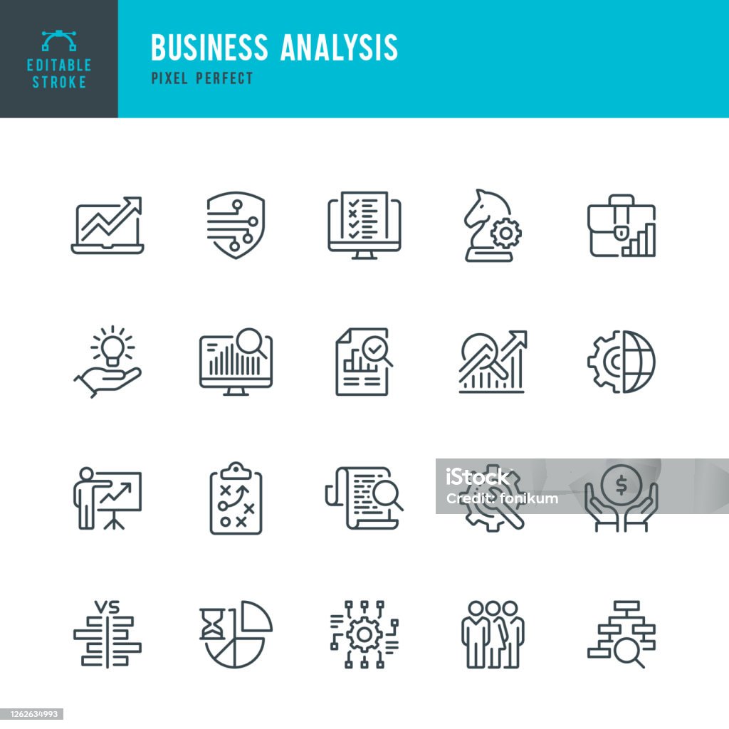Business Analysis - thin line vector icon set. Pixel perfect. Editable stroke. The set contains icons: Business Strategy, Big Data, Solution, Briefcase, Research, Data Mining, Accountancy. Business Analysis - thin line vector icon set. 20 linear icon. Pixel perfect. Editable outline stroke. The set contains icons: Business Strategy, Big Data, Solution, Briefcase, Research, Data Mining, Accountancy, Presentation. Icon stock vector