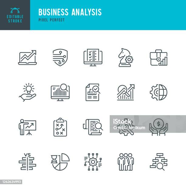 Business Analysis Thin Line Vector Icon Set Pixel Perfect Editable Stroke The Set Contains Icons Business Strategy Big Data Solution Briefcase Research Data Mining Accountancy Stock Illustration - Download Image Now