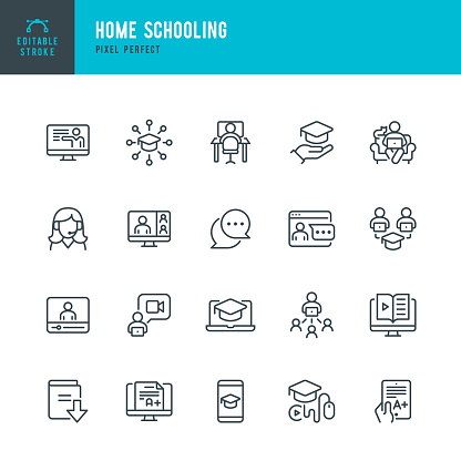 Home Schooling - thin line vector icon set. 20 linear icon. Pixel perfect. Editable outline stroke. The set contains icons: E-Learning, Homework, Home Schooling, Education, Graduation, Webinar.