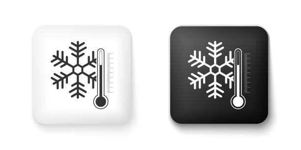 ilustrações, clipart, desenhos animados e ícones de termômetro preto e branco com ícone de floco de neve isolado no fundo branco. botão quadrado. vetor - barometer heat thermometer sun