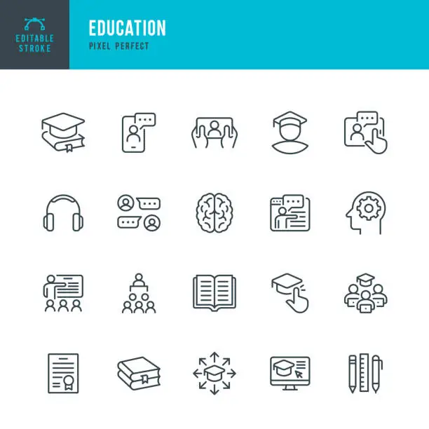 Vector illustration of EDUCATION - thin line vector icon set. Pixel perfect. Editable stroke. The set contains icons: E-Learning, Education, Home Schooling, Classroom, Diploma, Social Distancing, Web Conference.