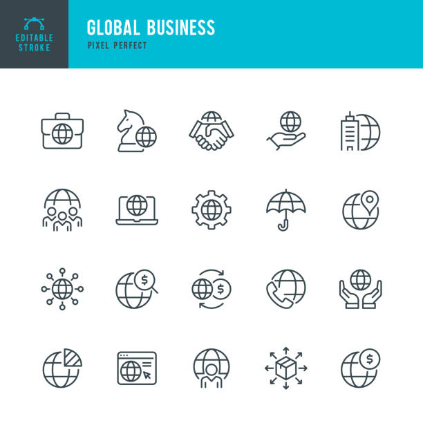 global business - dünnlinien-vektorsymbol-set. pixel perfekt. bearbeitbarer strich. das set enthält symbole: global business, partnership, headquarters, business strategy, logistic, worldwide payments. - global finance communication globe finance stock-grafiken, -clipart, -cartoons und -symbole