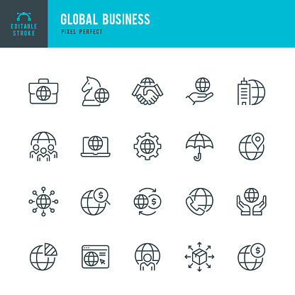 Global Business - thin line vector icon set. 20 linear icon. Pixel perfect. Editable outline stroke. The set contains icons: Global Business, Partnership, Corporate Business, Headquarters, Business Strategy, Logistic, Funding, Worldwide Payments.