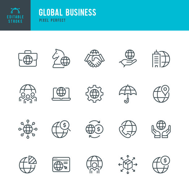 Global Business - thin line vector icon set. Pixel perfect. Editable stroke. The set contains icons: Global Business, Partnership, Headquarters, Business Strategy, Logistic, Worldwide Payments. Global Business - thin line vector icon set. 20 linear icon. Pixel perfect. Editable outline stroke. The set contains icons: Global Business, Partnership, Corporate Business, Headquarters, Business Strategy, Logistic, Funding, Worldwide Payments. global business stock illustrations
