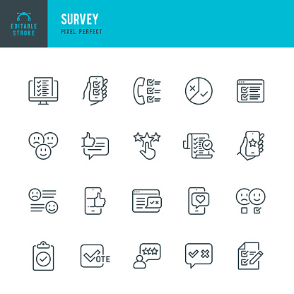 SURVEY - thin line vector icon set. 20 linear icon. Pixel perfect. Editable outline stroke. The set contains icons: Questionnaire, Survey, Feedback, Rating, Customer Satisfaction,  Examining, Voting.