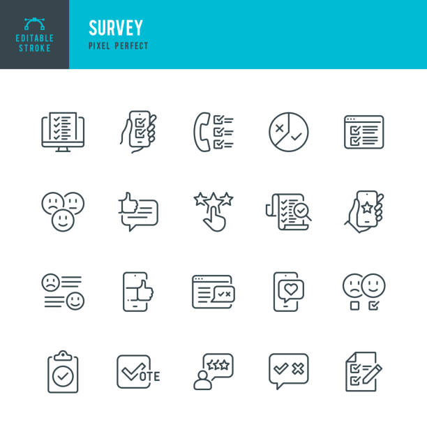 SURVEY - thin line vector icon set. Pixel perfect. Editable stroke. The set contains icons: Questionnaire, Survey, Feedback, Rating, Customer Satisfaction,  Examining, Voting. SURVEY - thin line vector icon set. 20 linear icon. Pixel perfect. Editable outline stroke. The set contains icons: Questionnaire, Survey, Feedback, Rating, Customer Satisfaction,  Examining, Voting. questionnaire stock illustrations