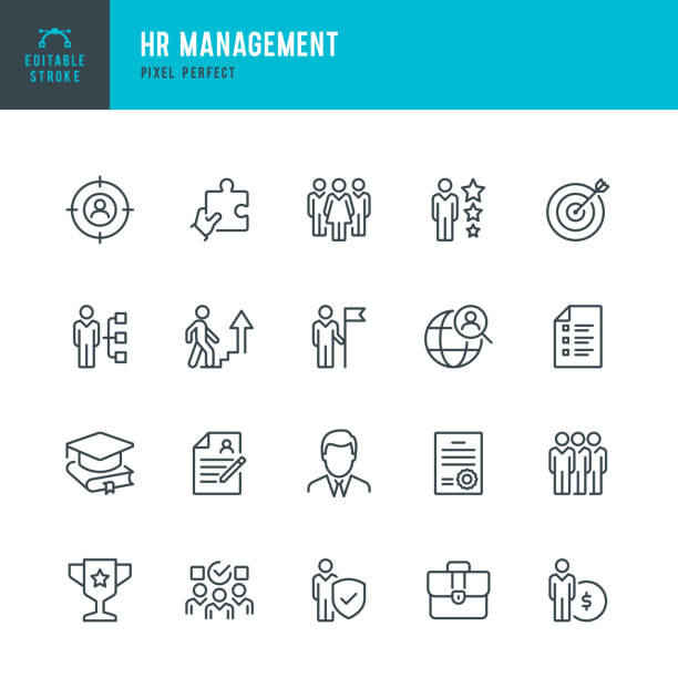 HR Management - Thin Line Vector Icon Set. 20 lineare Symbole. Pixel perfekt. Bearbeitbarer Gliederungsstrich. Das Set enthält Symbole: Human Resources, Karriere, Rekrutierung, Geschäftsperson, Lebenslauf, Manager, Gruppe von Menschen, Teamarbeit, Fähigkeit, Kandidat.