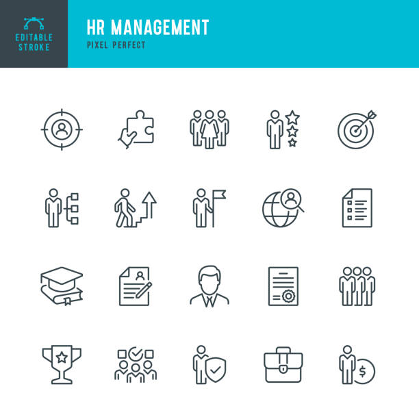 hr management - dünnlinien-vektor-symbol-set. pixel perfekt. bearbeitbarer strich. das set enthält symbole: personal, karriere, rekrutierung, geschäftsmann, gruppe von menschen, teamarbeit, geschicklichkeit, kandidat. - skill stock-grafiken, -clipart, -cartoons und -symbole