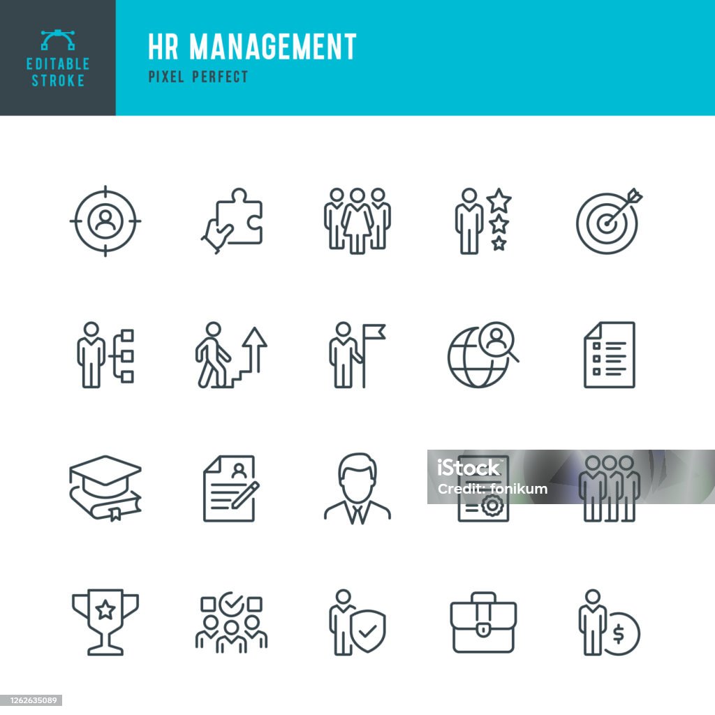 HR 管理 - 細線ベクトル アイコン セット。ピクセルパーフェクト。編集可能なストローク。セットには、人事、キャリア、採用、ビジネスパーソン、グループ・オブ・ピープル、チームワー� - アイコンのロイヤリティフリーベクトルアート