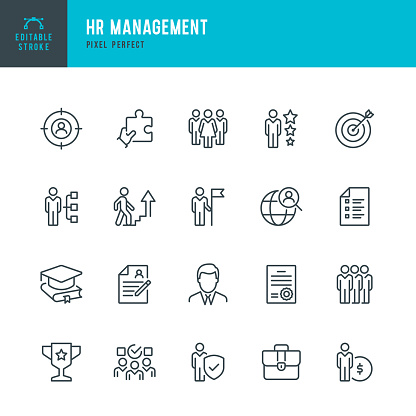 HR Management - thin line vector icon set. 20 linear icon. Pixel perfect. Editable outline stroke. The set contains icons: Human Resources, Career, Recruitment, Business Person, Resume, Manager, Group Of People, Teamwork, Skill, Candidate.
