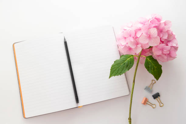 istock Table top of open notebook with pencil and pink hydrangea flower. Copy space. 1262645411