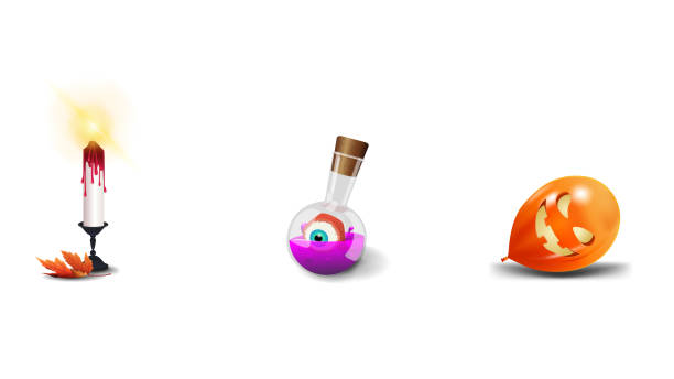 istock Set Halloween icon. Halloween candle, flask with potion and Halloween balloon isolated on white background for your art 1262647689